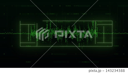Displaying central neon-green waveform pulsing on HUD screen, with frame, dotted line and numbers Displaying central neon-green waveform pulsing on HUD screen, with frame, dotted line and numbers 143234388