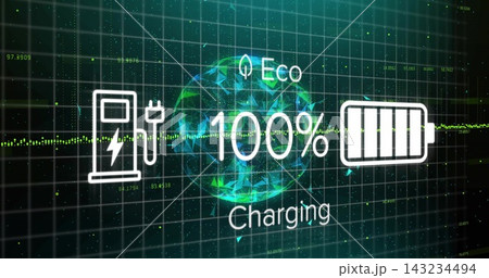 Showing central charging HUD with 100% text, Eco leaf, globe, charger icon, battery, waveform Showing central charging HUD with 100% text, Eco leaf, globe, charger icon, battery, waveform 143234494