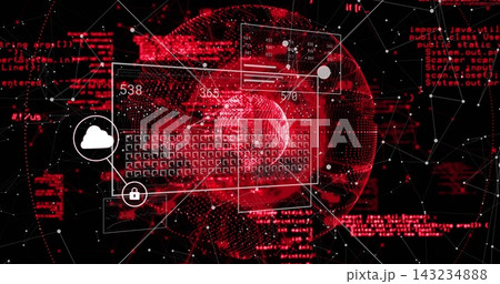 Showing red wireframe globe overlaying UI windows in cyberspace, featuring numeric labels padlock Showing red wireframe globe overlaying UI windows in cyberspace, featuring numeric labels padlock 143234888