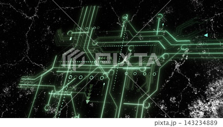 Displaying neon-green circuit network across marbled black backdrop, showing nodes and dashed lines 143234889