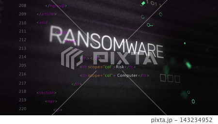 Showing large RANSOMWARE text on monitor, with HTML code, line numbers, scanlines, green artifacts 143234952