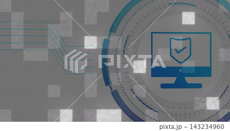 Showing blue monitor with shield checkmark sitting inside circular HUD on tech banner, pixel tiles Showing blue monitor with shield checkmark sitting inside circular HUD on tech banner, pixel tiles 143234960