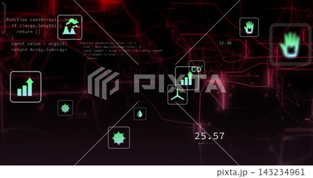 Showing centered neon-green icons floating in maroon dashboard with panels, code digits, red grid 143234961