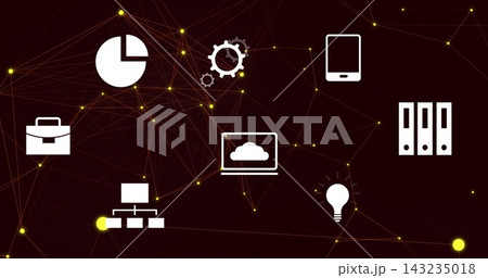 Animating centered stylized network pulsing yellow nodes on maroon backdrop, with laptop cloud icon Animating centered stylized network pulsing yellow nodes on maroon backdrop, with laptop cloud icon 143235018