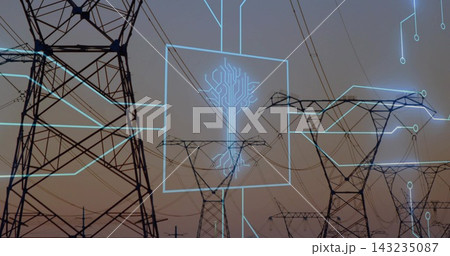 Showing steel towers and lines at dusk in rural corridor with neon circuit overlay and insulators 143235087