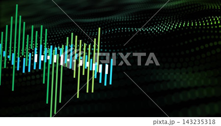 Displaying green, cyan and white vertical bars pulsing over dotted grid waves in virtual 3D space 143235318
