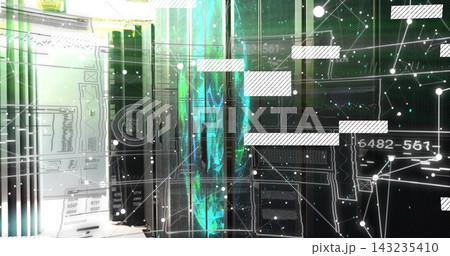 Projecting teal column amid glass panels and server racks showing readouts in data center aisle Projecting teal column amid glass panels and server racks showing readouts in data center aisle 143235410
