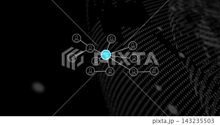 Highlighting cyan hub node linking peripheral user icons in dark cyberspace, binary fingerprint Highlighting cyan hub node linking peripheral user icons in dark cyberspace, binary fingerprint 143235503