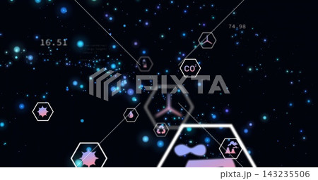 Floating outlined hexagonal panel showing pastel icons in virtual starfield with numeric readouts Floating outlined hexagonal panel showing pastel icons in virtual starfield with numeric readouts 143235506