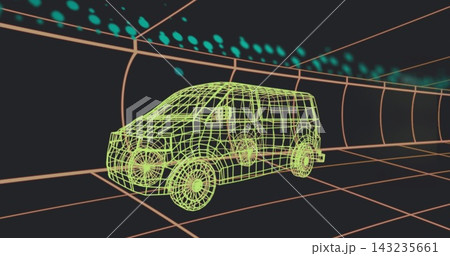 Rendering neon-green wireframe van rotating in virtual tunnel on grid floor, showing wire wheels Rendering neon-green wireframe van rotating in virtual tunnel on grid floor, showing wire wheels 143235661
