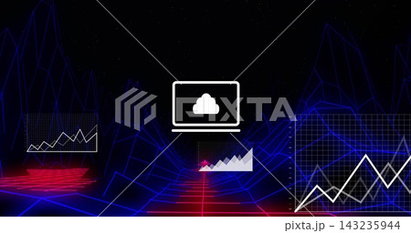 Showing white laptop cloud icon centered on neon grid with left line center-area right grid charts Showing white laptop cloud icon centered on neon grid with left line center-area right grid charts 143235944
