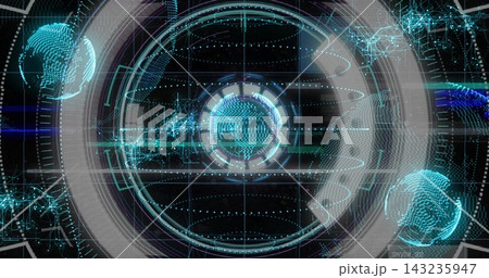 Projecting central holographic HUD rotating with rings at virtual control console, showing globes 143235947