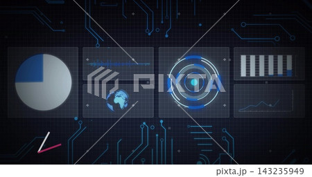 Displaying centered array of six data panels on HUD, showing blue charts and circuit traces 143235949
