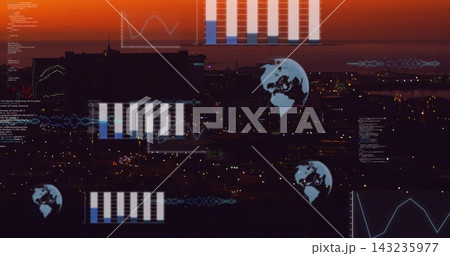 Displaying silhouetted city skyline showing data visuals over dusk harbor, with globe icons Displaying silhouetted city skyline showing data visuals over dusk harbor, with globe icons 143235977