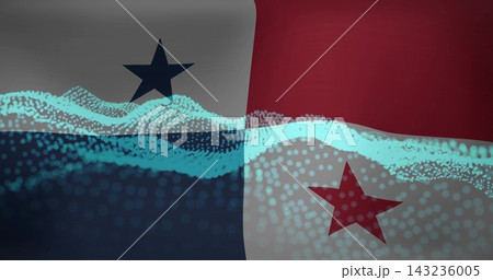 Displaying Panama flag filling digital art, overlaying cyan particle wave, featuring blue red stars 143236005