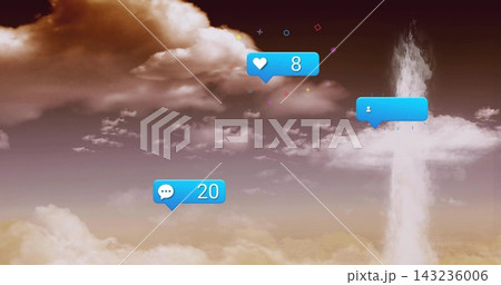 Floating three blue notification bubbles drifting over warm sepia sky, with confetti, cloud plume 143236006