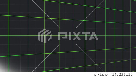 Forming neon green wireframe grid pattern on dark charcoal-gray tiled plane, emitting faint glow Forming neon green wireframe grid pattern on dark charcoal-gray tiled plane, emitting faint glow 143236110