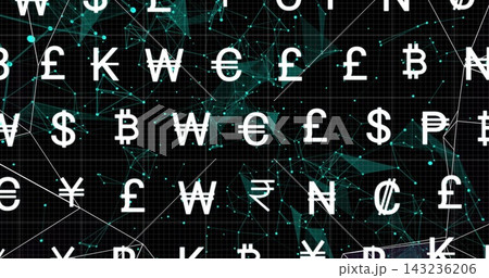 Displaying white currency and bitcoin symbols with teal node mesh in digital interface 143236206