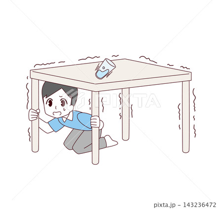 地震が起きて机の下に隠れる男性のイラスト 143236472