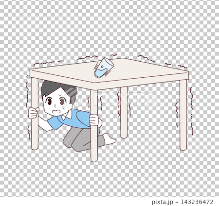 地震が起きて机の下に隠れる男性のイラスト 143236472