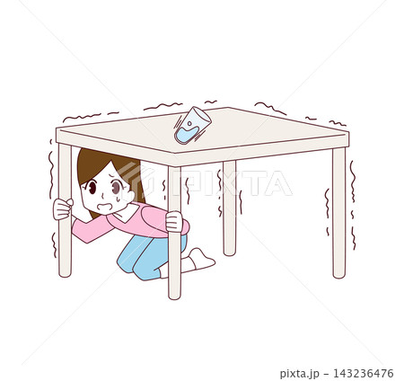 地震が起きて机の下に隠れる女性のイラスト 地震が起きて机の下に隠れる女性のイラスト 143236476