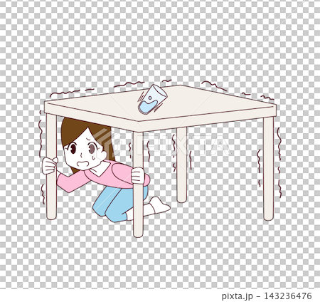 地震が起きて机の下に隠れる女性のイラスト 地震が起きて机の下に隠れる女性のイラスト 143236476