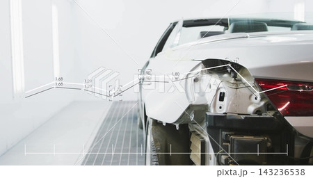 Showing white convertible right rear quarter with removed bumper and overlays in bay, copy space Showing white convertible right rear quarter with removed bumper and overlays in bay, copy space 143236538