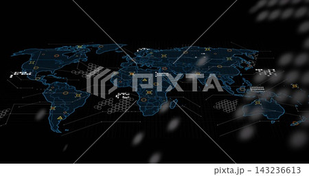 Holographic world map projecting blue outlines with hex grid and glowing hotspots on black backdrop Holographic world map projecting blue outlines with hex grid and glowing hotspots on black backdrop 143236613