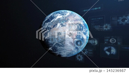 Displaying textured planet Earth floating in outer space, with holographic UI panels and charts Displaying textured planet Earth floating in outer space, with holographic UI panels and charts 143236987