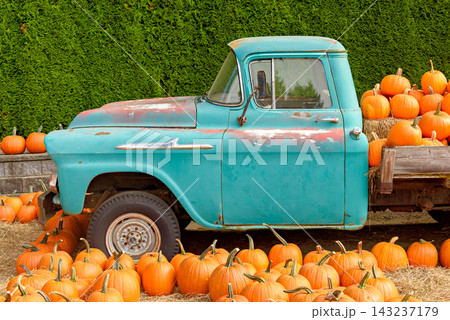 Vintage teal pickup truck loaded with orange pumpkins 143237179
