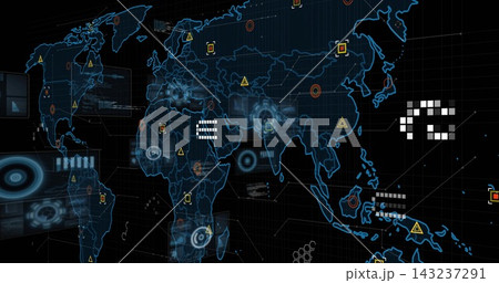 Displaying stylized blue world map showing holographic HUD and scanning rings over neon 3D grid Displaying stylized blue world map showing holographic HUD and scanning rings over neon 3D grid 143237291
