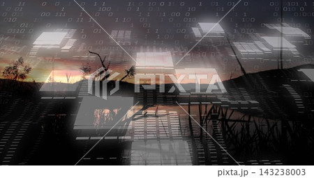 Displaying lakeshore sunset silhouette reflecting on calm lake at dusk, with reeds, panels and code 143238003