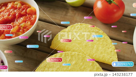 2 yellow corn taco shells sitting on wood table, showing salsa, tomato-lime, UI-tags magnifier bell 2 yellow corn taco shells sitting on wood table, showing salsa, tomato-lime, UI-tags magnifier bell 143238177