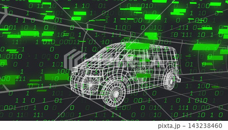 Rendering white wireframe SUV model sitting center in dark digital twin, with neon binary streams 143238460