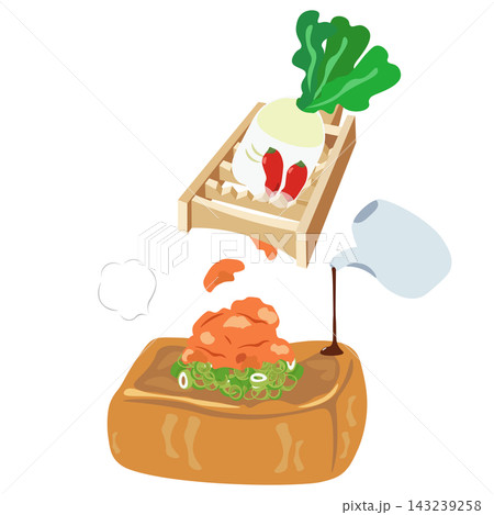 厚揚げに鬼おろしで作ったもみじおろしと醤油をかけるイラスト 143239258