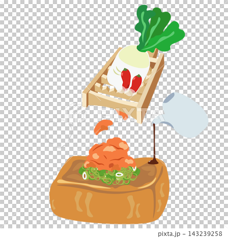 厚揚げに鬼おろしで作ったもみじおろしと醤油をかけるイラスト 143239258
