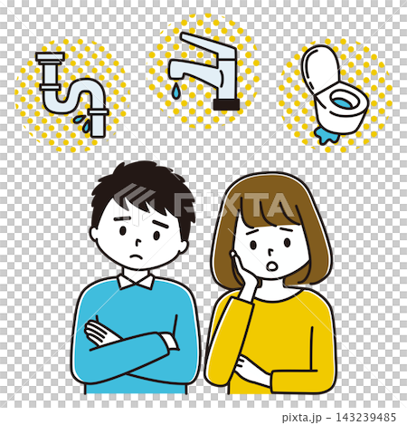水回りのトラブルに悩んでいる男性と女性のイラスト 水回りのトラブルに悩んでいる男性と女性のイラスト 143239485