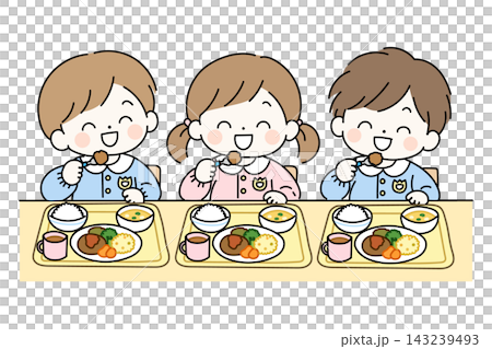 An illustration of three kindergarten children happily eating their school lunch. (Image of a mealtime scene at a nursery or kindergarten) 143239493