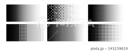 Halftone dotted shape collection. Rectangle gradient pattern set. Pixelated fading texture frame pack. Disappearing comic pop art elements. Vector rectangular raster bitmap spots for poster, collage 143239619