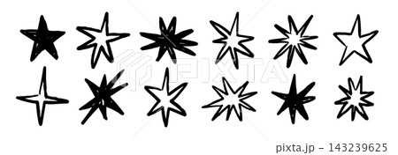 Hand drawn star and sparkle shape collection. Black brush stroke sketched twinkle set. Vector magic spark shine pack. Kid crayon asterisk doodle bundle for sticker, collage, poster, sticker, scrapbook 143239625