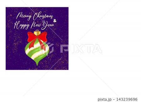 Merry Christmas and Happy New Year greeting card template featuring hand-drawn festive lettering and a luxurious green Christmas bauble with a red bow, set against a dark purple grunge-style backgrou Merry Christmas and Happy New Year greeting card template featuring hand-drawn festive lettering and a luxurious green Christmas bauble with a red bow, set against a dark purple grunge-style backgrou 143239696