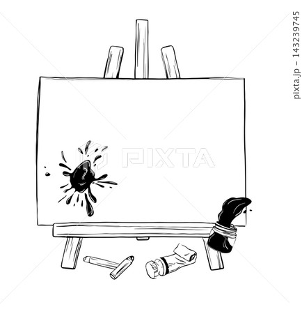 Hand drawn art school composition with easel, canvas, paint jar, tube and brush. Monochrome ink line art with copy space, isolated on white. Great for logos, labels, cards and posters. Hand drawn art school composition with easel, canvas, paint jar, tube and brush. Monochrome ink line art with copy space, isolated on white. Great for logos, labels, cards and posters. 143239745