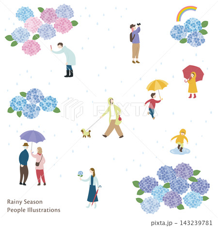 梅雨の風景と人々のイラストセット 143239781