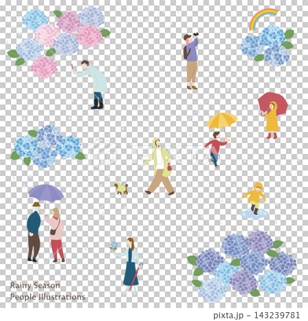 梅雨の風景と人々のイラストセット 143239781
