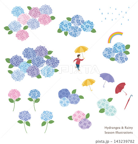 紫陽花と梅雨モチーフのイラスト素材セット 143239782
