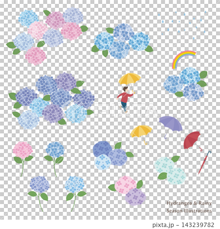 紫陽花と梅雨モチーフのイラスト素材セット 143239782