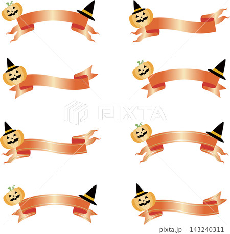 リボン　ハロウィン　かぼちゃ　秋　ギフト　プレゼント　吹き出し　飾り　あしらい　イラスト素材 143240311