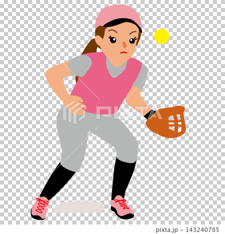 圖中是一位女子壘球運動員,擔任內野手,處於防守位置。 圖中是一位女子壘球運動員,擔任內野手,處於防守位置。 143240785
