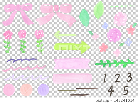 <ベクター素材> 水彩タッチの手描きデザイン素材セット(ピンク) <ベクター素材> 水彩タッチの手描きデザイン素材セット(ピンク) 143241014