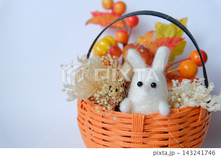ハロウィンのカゴと羊毛フェルトの白うさぎ・秋のハンドメイド背景 143241746